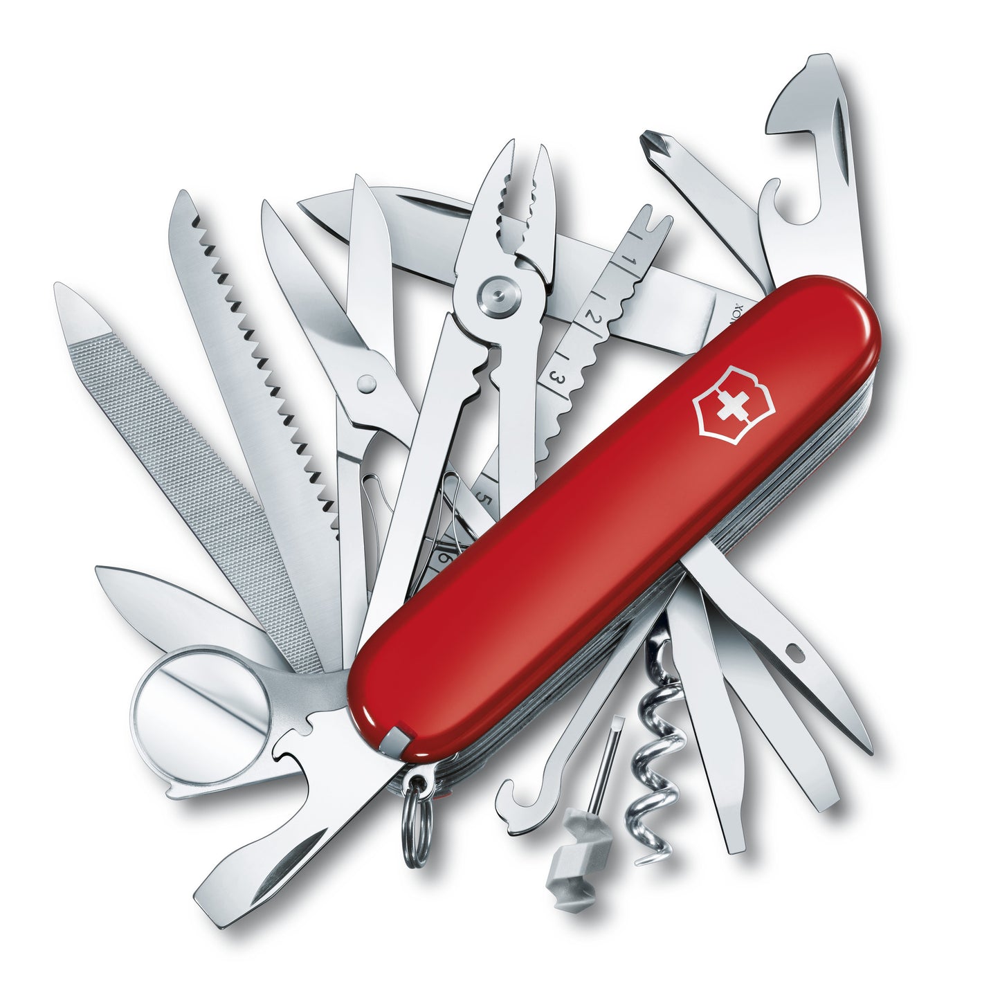 A red Swiss Champ pocket knife by Victorinox with multiple tools extended, including a screwdriver, scissors, and can opener.