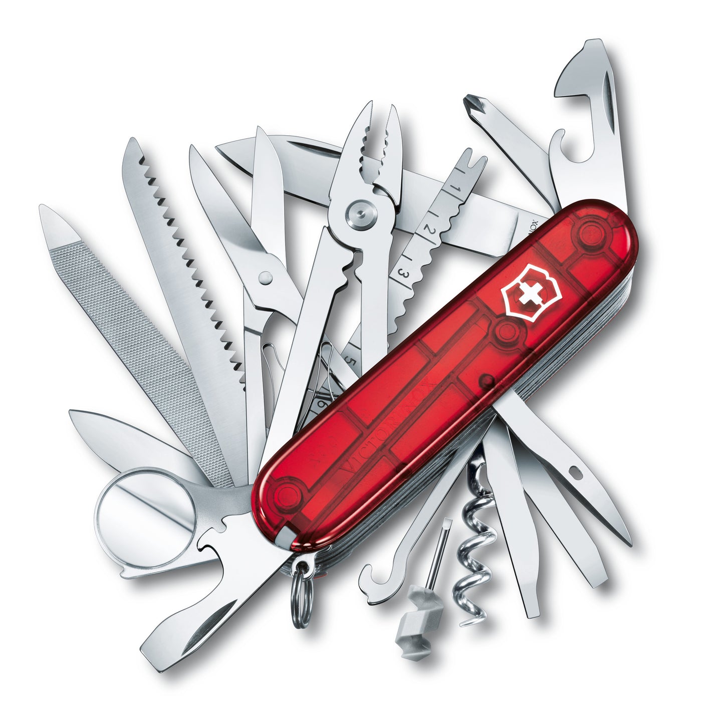 A red Swiss Champ pocket knife by Victorinox with multiple tools extended, including a screwdriver, scissors, and can opener.