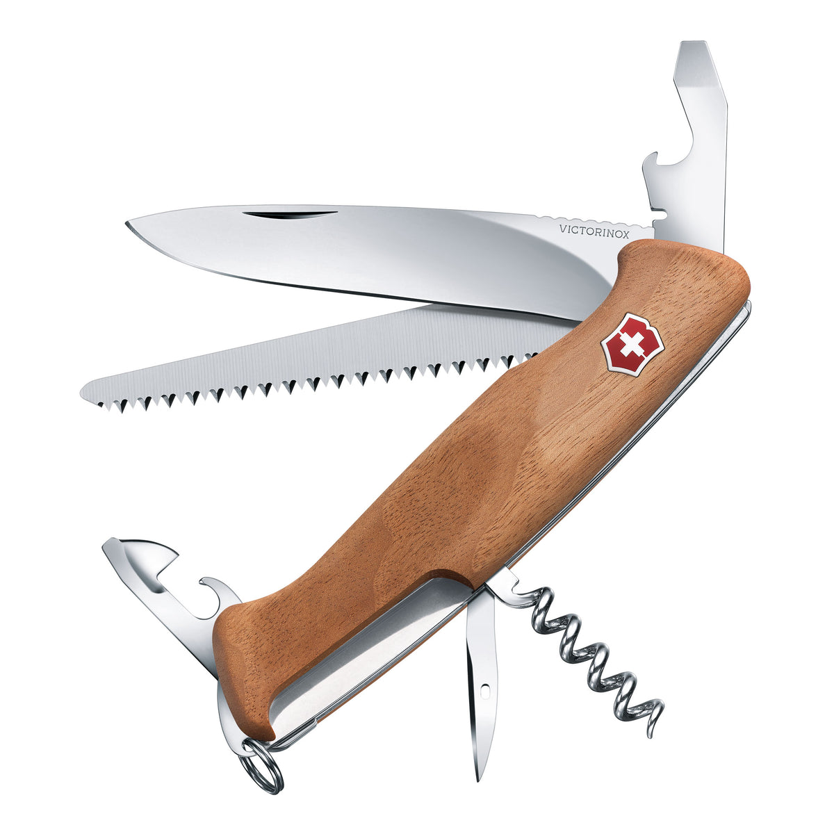 Victorinox Ranger 55 wood-handled folding knife with blade, saw, and corkscrew