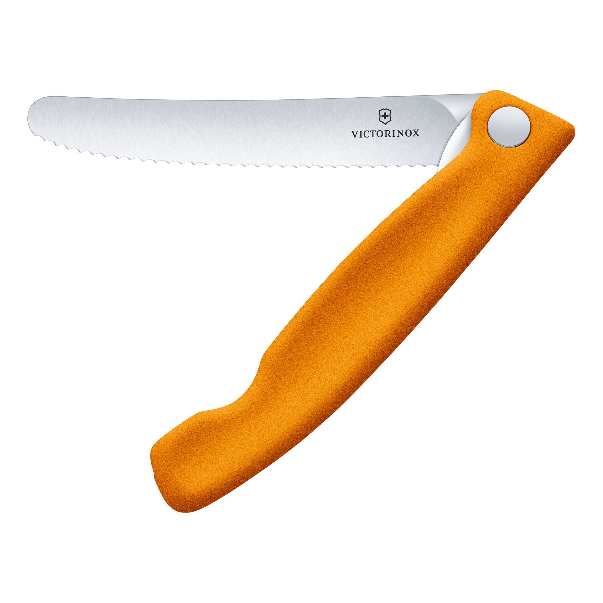 Foldable paring knife with orange handle and stainless scalloped blade
