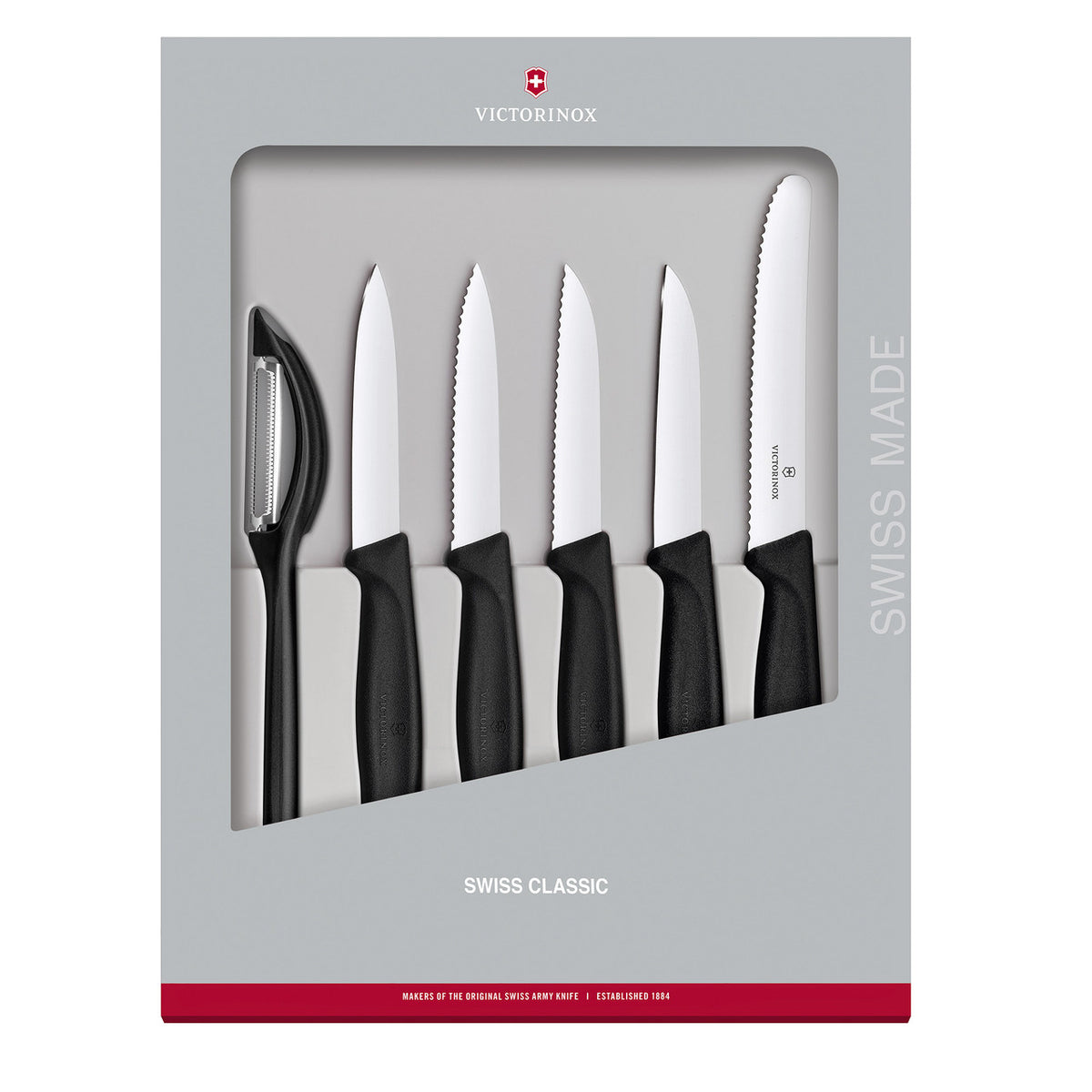 Swiss Classic paring knife set, 6-piece with black handles and white blade guards
