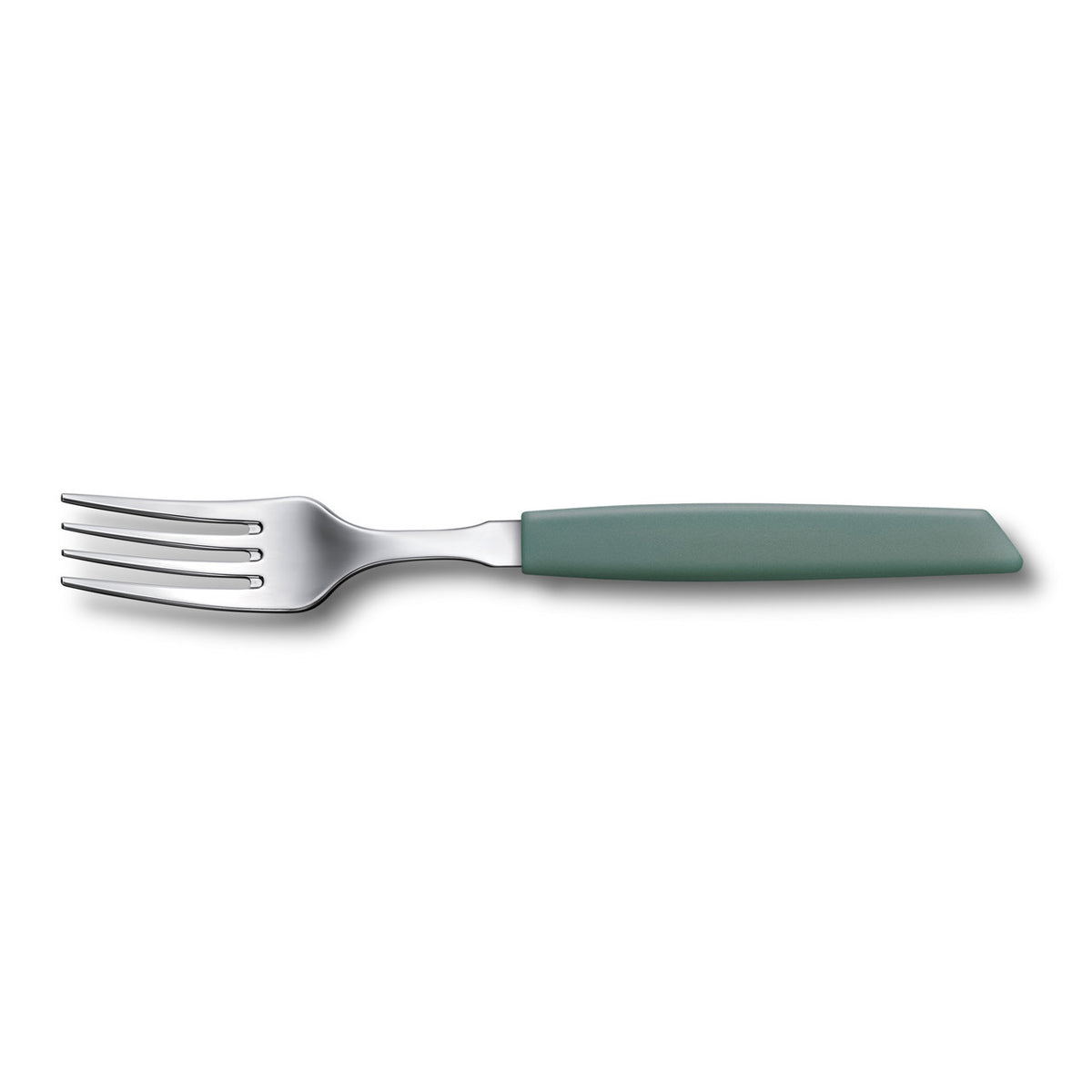 Modern table fork with sage green handle and polished metal tines