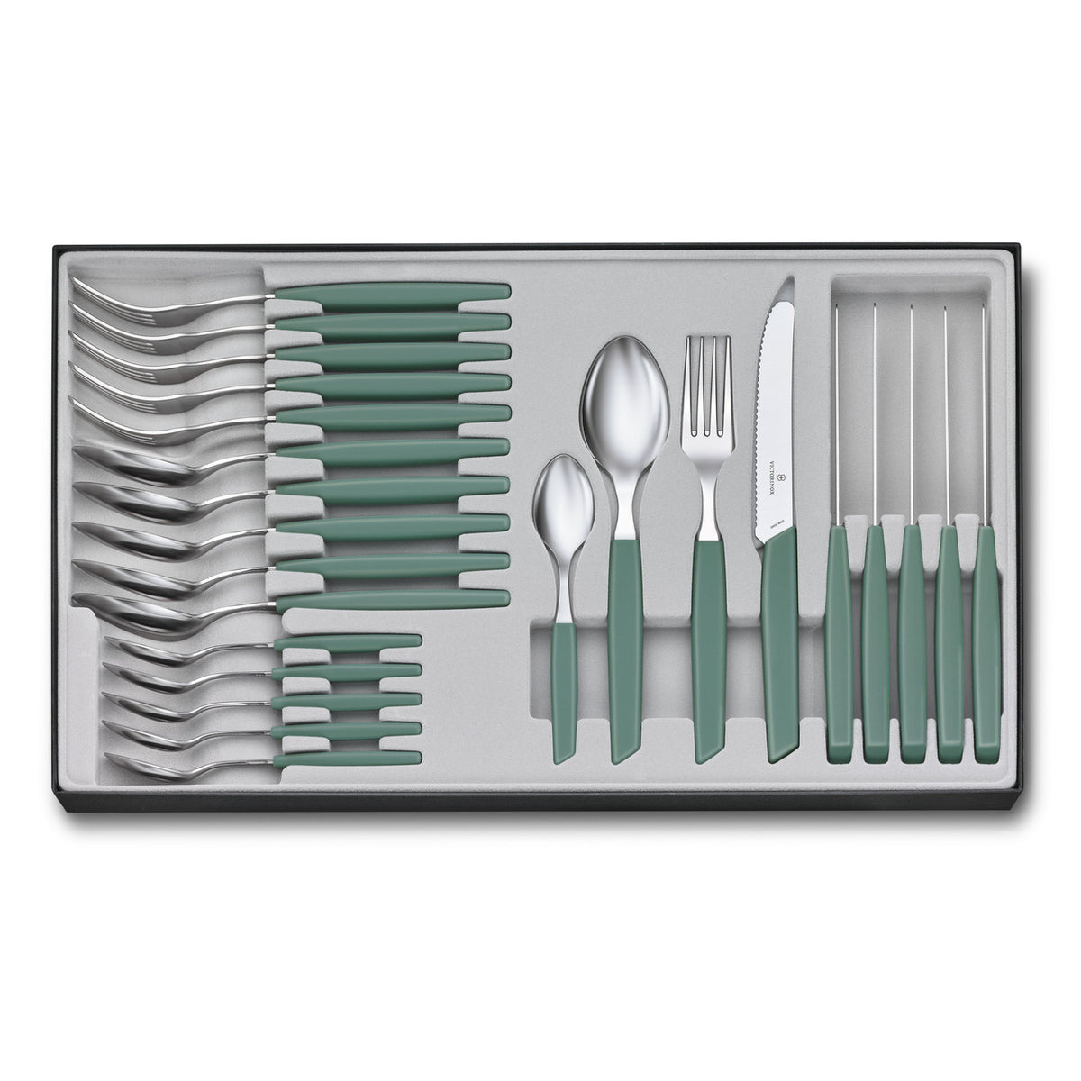 24-piece table set with rounded knives, green-toned handles in a gift tray