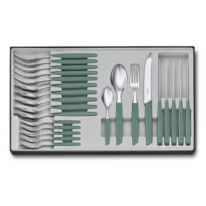24-piece table set with rounded knives, green-toned handles in a gift tray