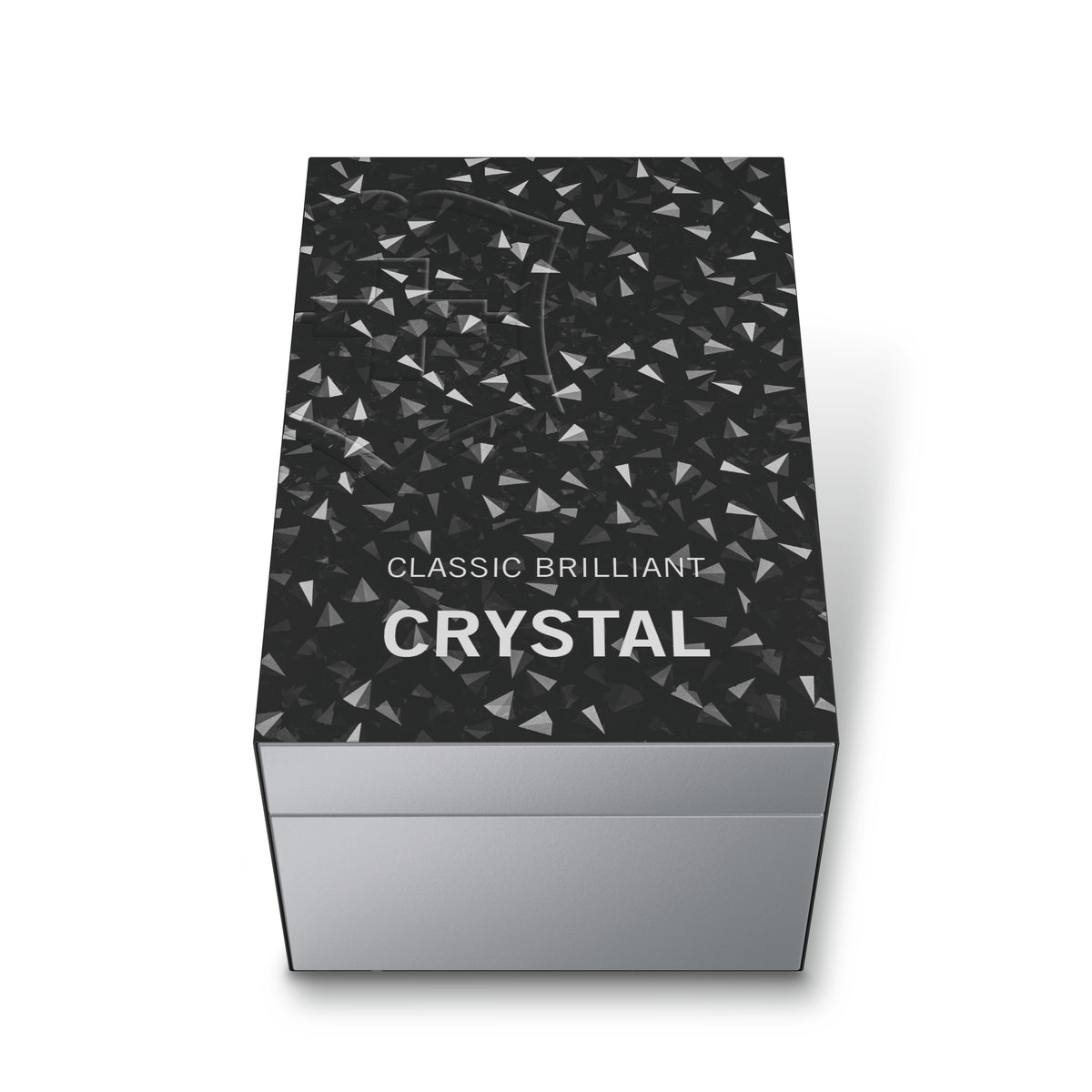 Black presentation box with crystal-pattern lid and centered logo text