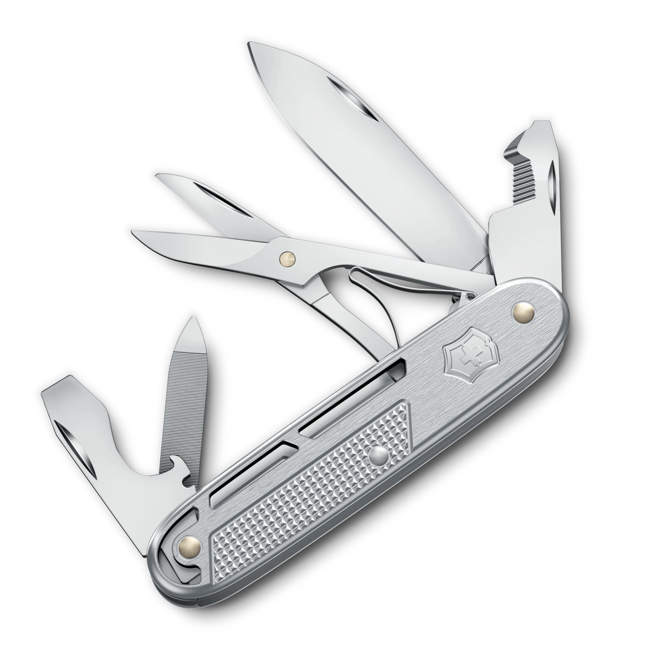 Silver pocket multitool with stainless blades and scissors, closed