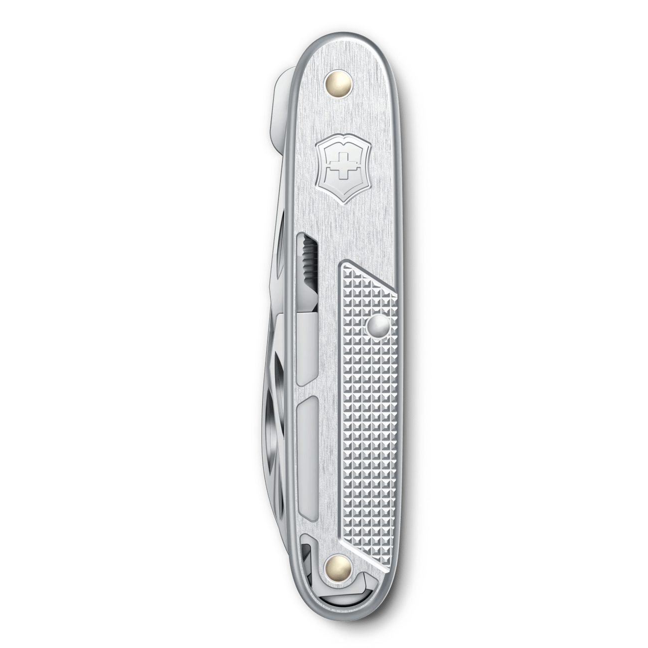 Silver multitool with bottle opener, screwdriver, and saw details