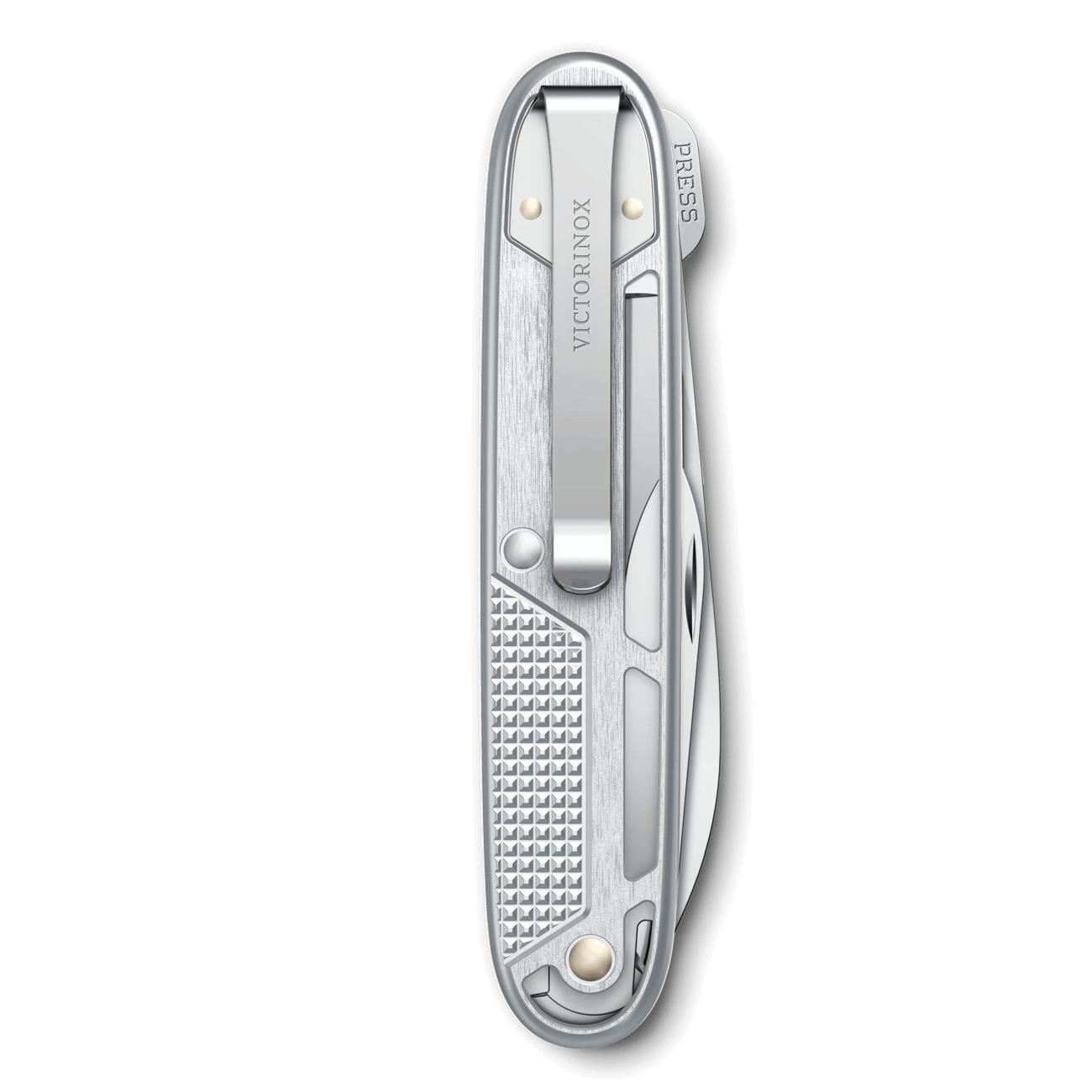 Silver VICTORINOX multitool with bit driver and textured grip panel