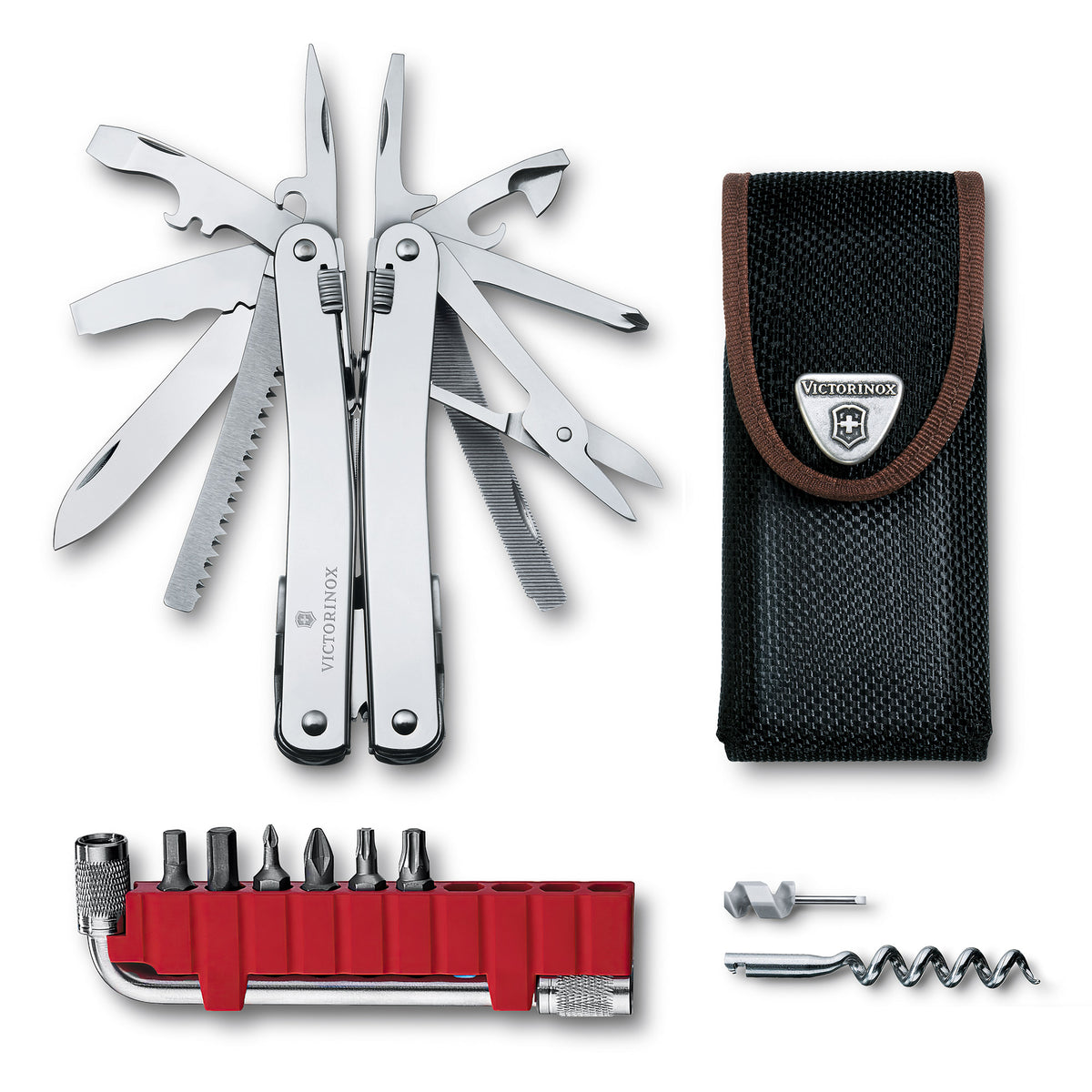 Victorinox Swiss Tool Spirit X Plus multi-tool with various implements such as scissors, knife, and screwdrivers extended, alongside a brown leather pouch.