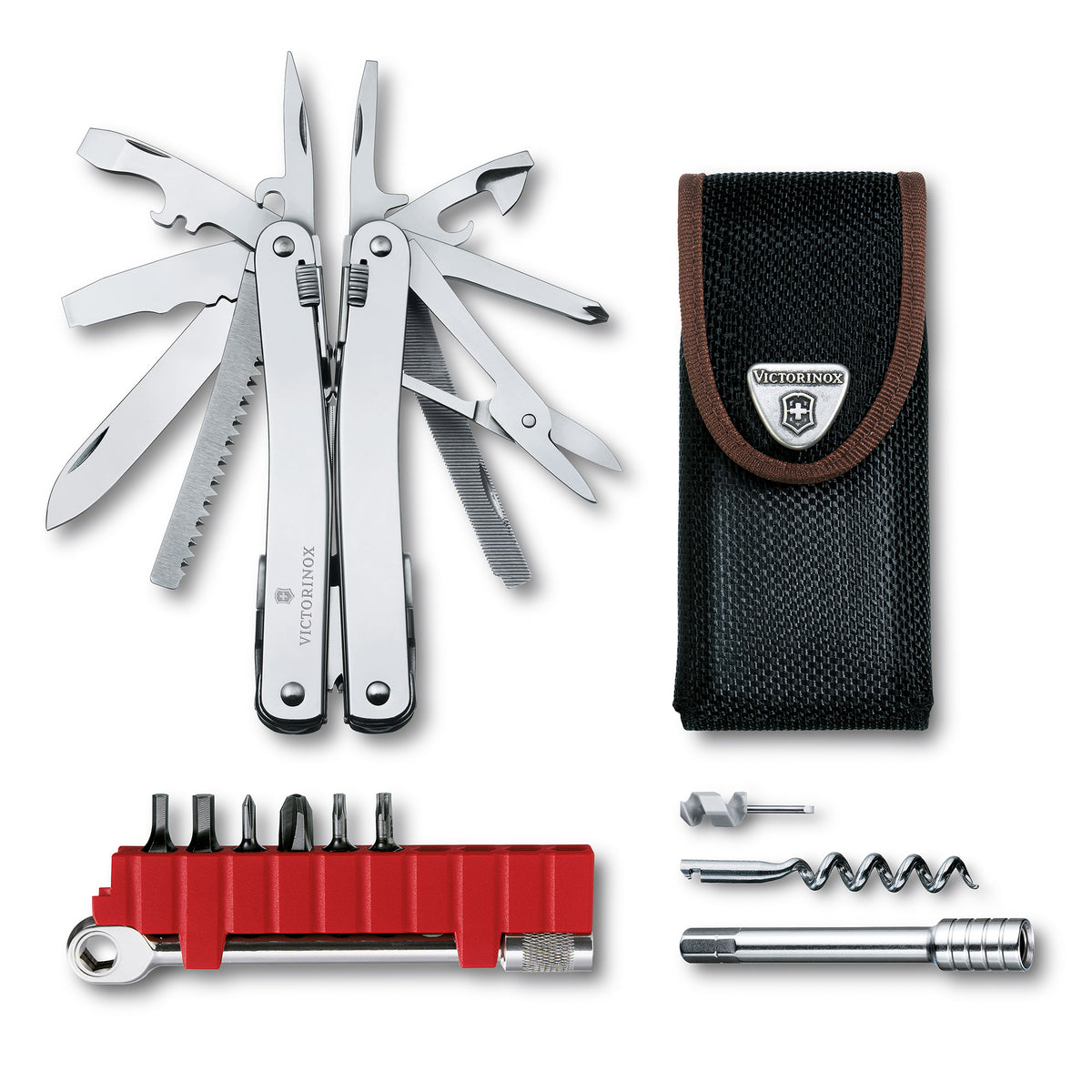 Ratchet multi-tool with stainless tools and black fabric pouch