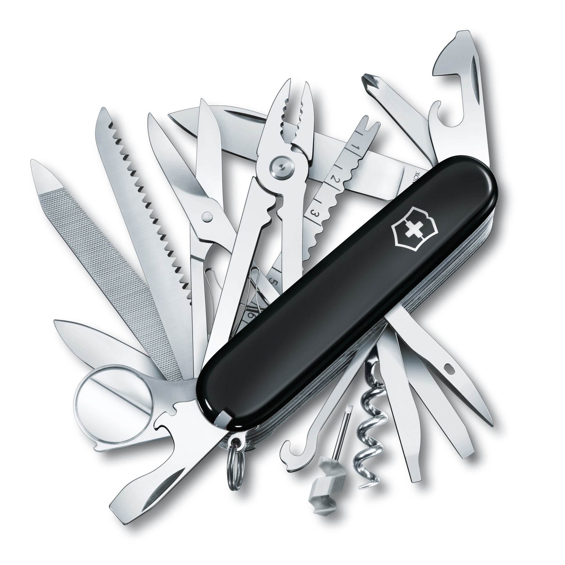 A red Swiss Champ pocket knife by Victorinox with multiple tools extended, including a screwdriver, scissors, and can opener.