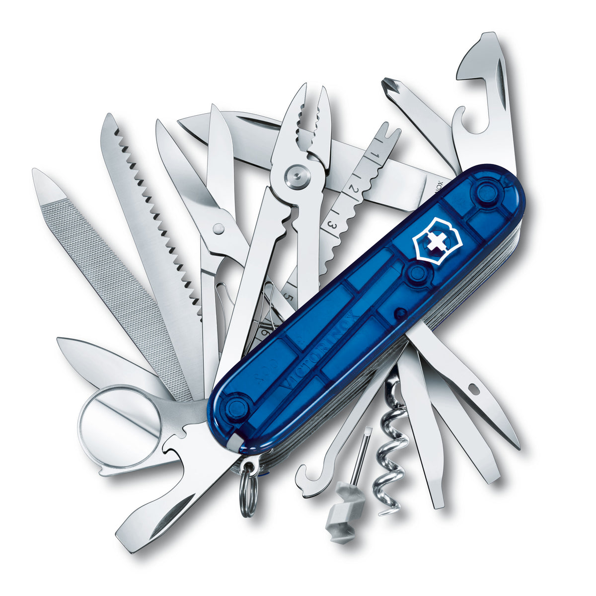 A red Swiss Champ pocket knife by Victorinox with multiple tools extended, including a screwdriver, scissors, and can opener.