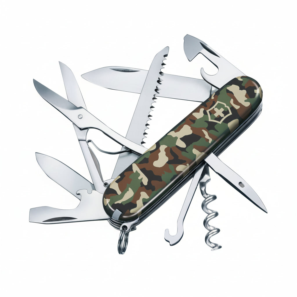 A multi-tool pocket knife with a green, brown, and beige camouflage pattern handle, shown with all of its stainless steel tools extended against a plain white background.