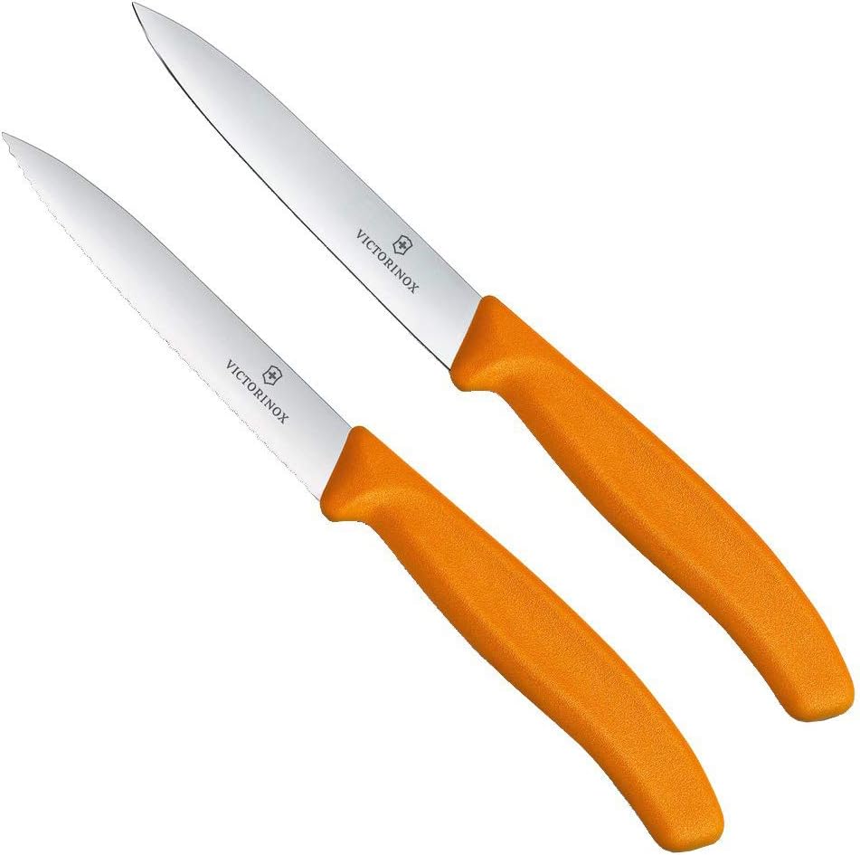 Orange-handled paring knife set: wavy and straight 10 cm blades, 2-pack