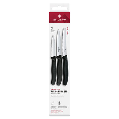 Victorinox paring knife set with three knives on a white background