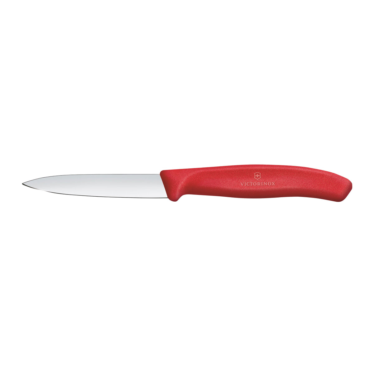 Straight-edge paring knife with red handle and silver blade.