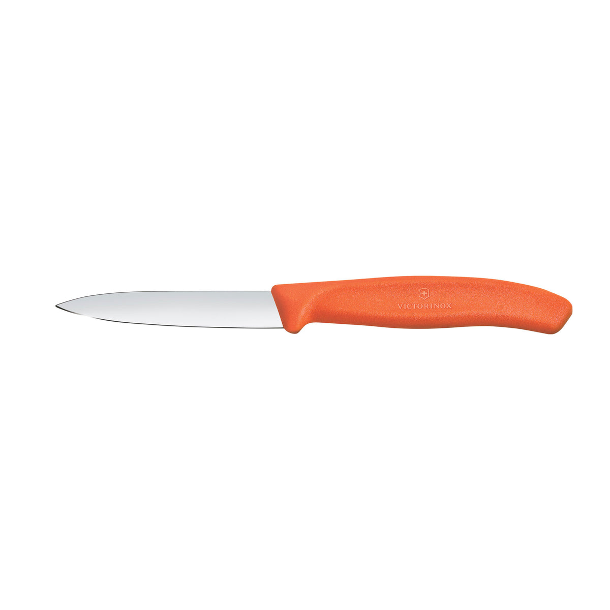 8 cm straight-edge paring knife with orange handle and silver blade.