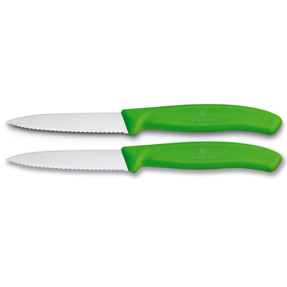 Paring Knife, 8 cm Pointed Tip, Wavy Edge, 2 pc Set, Classic Green