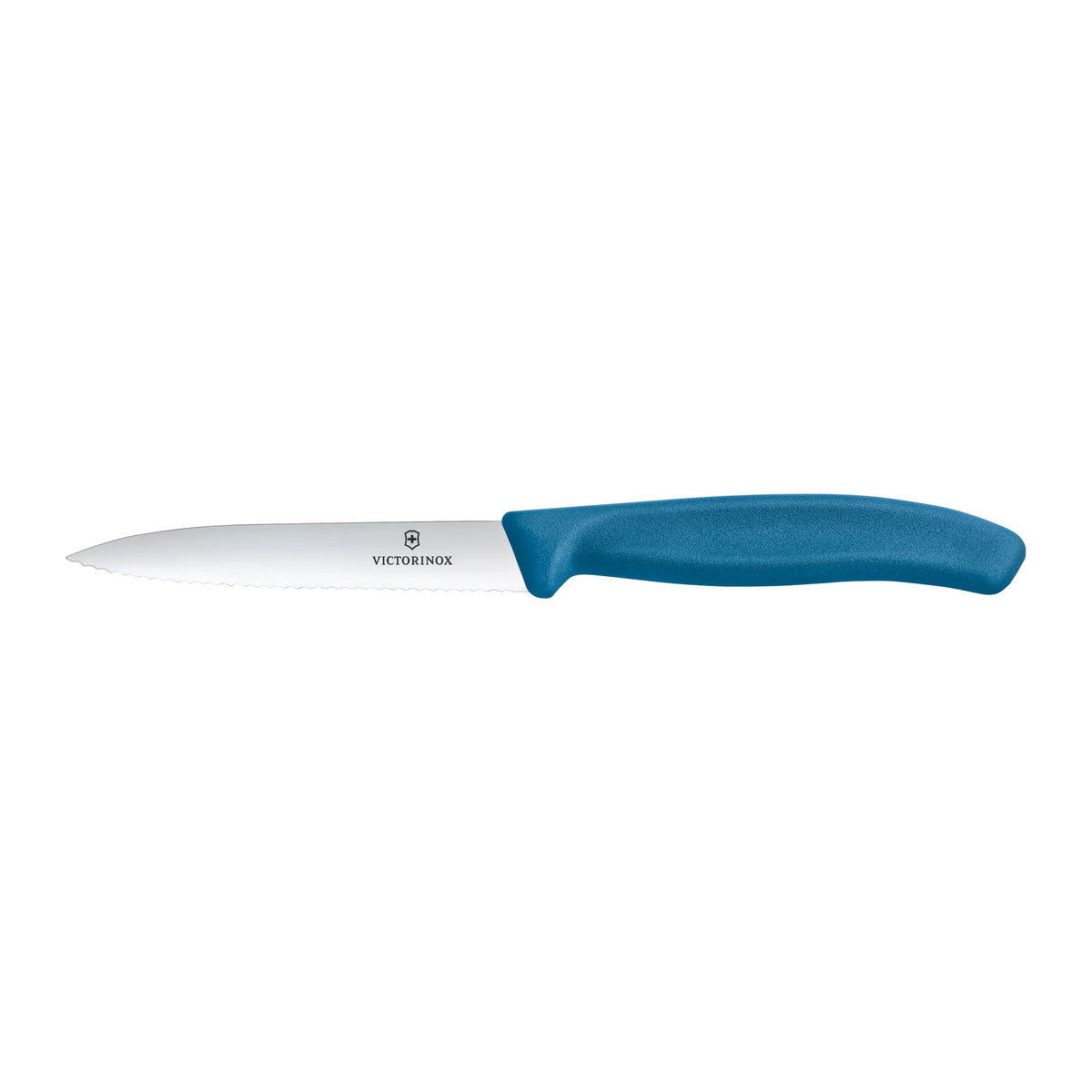 Paring knife with blue handle and white blade, Victorinox logo on blade