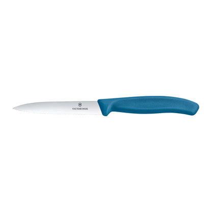 Paring knife with blue handle and white blade, Victorinox logo on blade