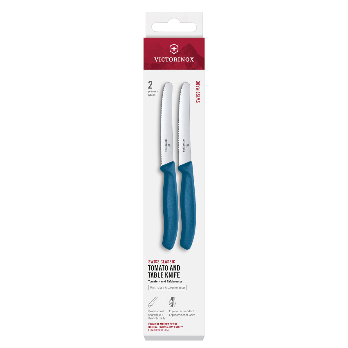 2-piece tomato and table knife set with blue handles and serrated blades, gift box