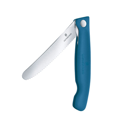 Foldable paring knife with blue handle and stainless scalloped blade