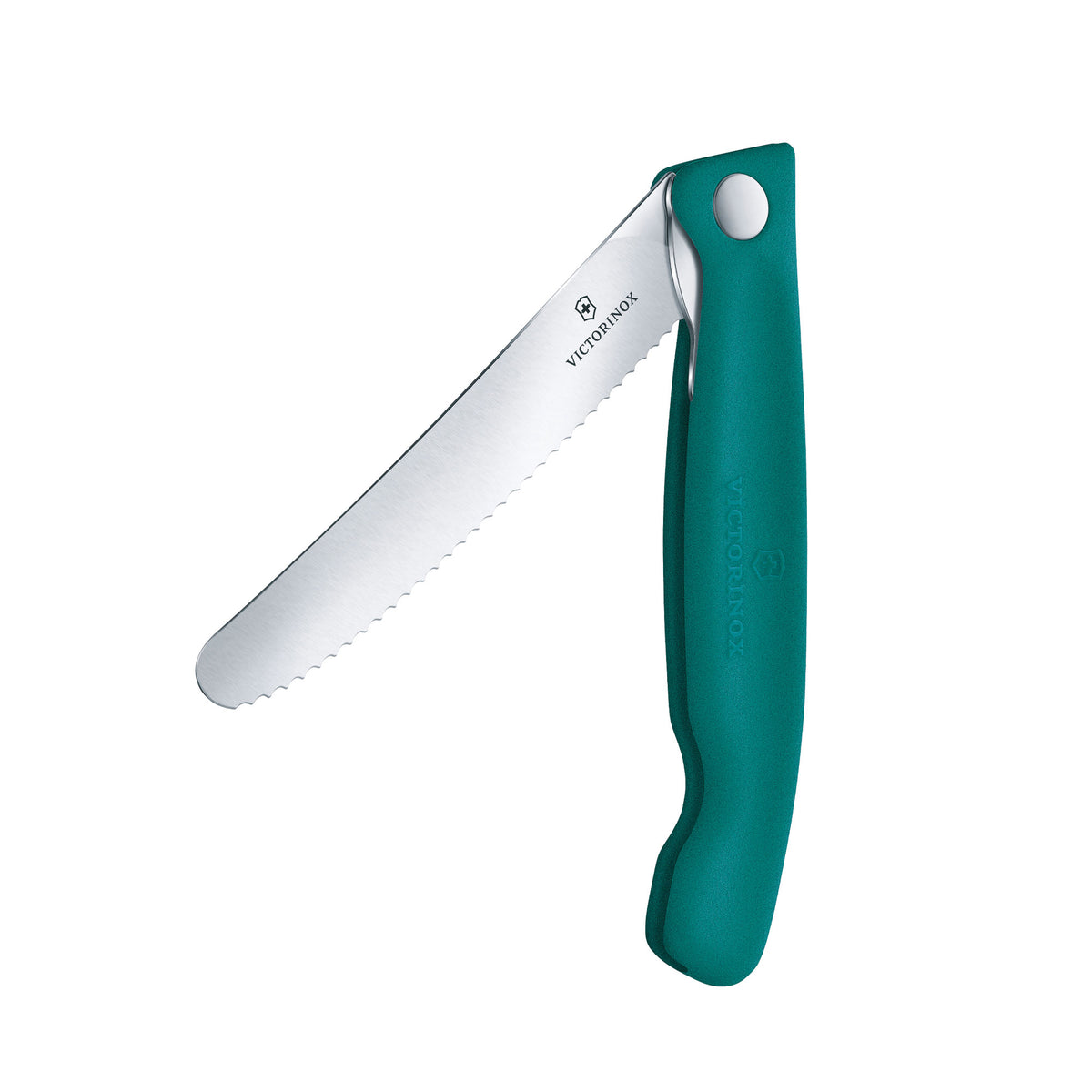 Foldable paring knife with teal handle and stainless scalloped blade