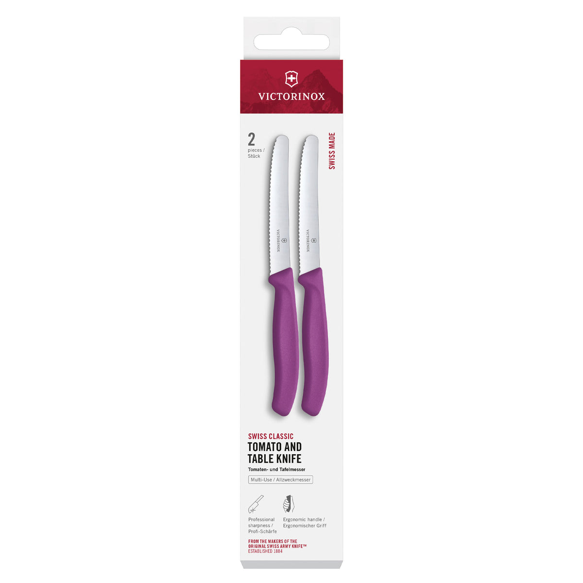2-piece tomato and table knife set with purple handles and serrated blades, gift box