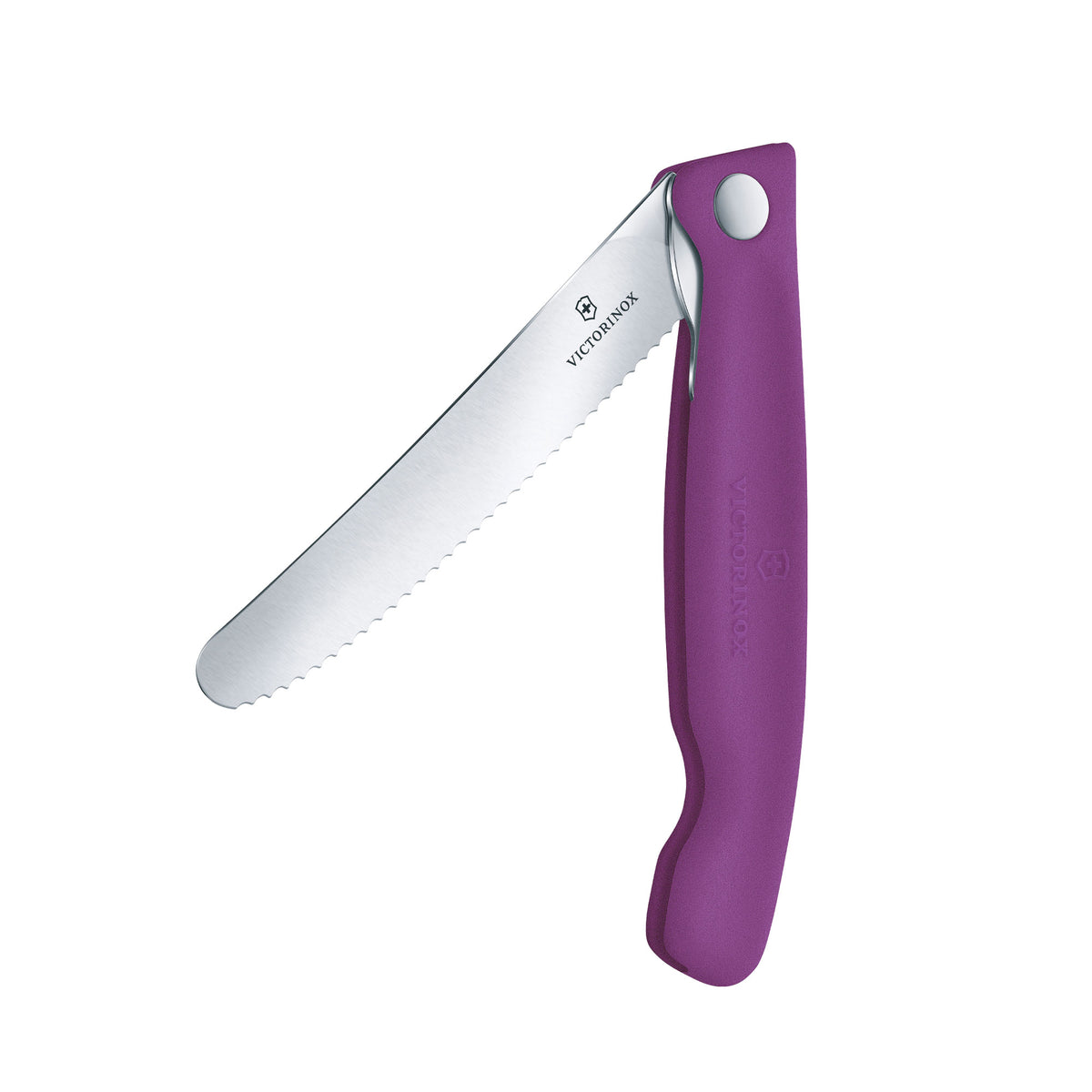 Foldable paring knife with purple handle and stainless scalloped blade