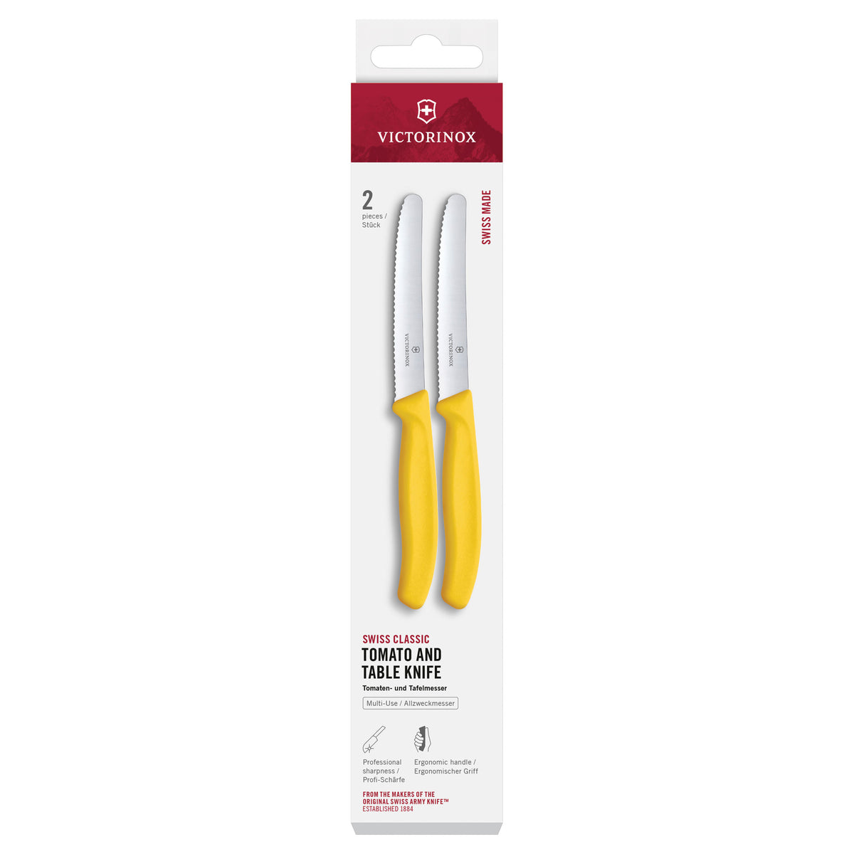 2-piece tomato and table knife set with yellow handles and serrated blades, gift box