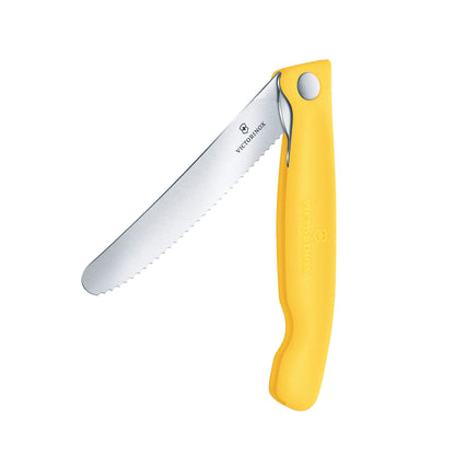 Foldable paring knife with yellow handle and stainless scalloped blade