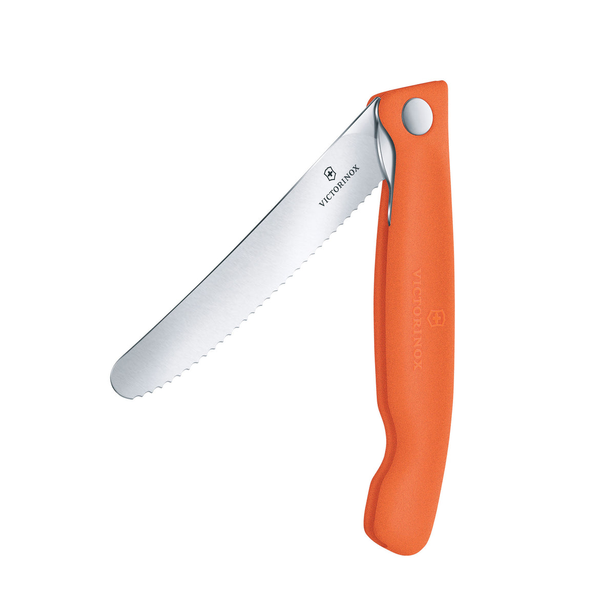 Foldable paring knife with orange handle and stainless scalloped blade