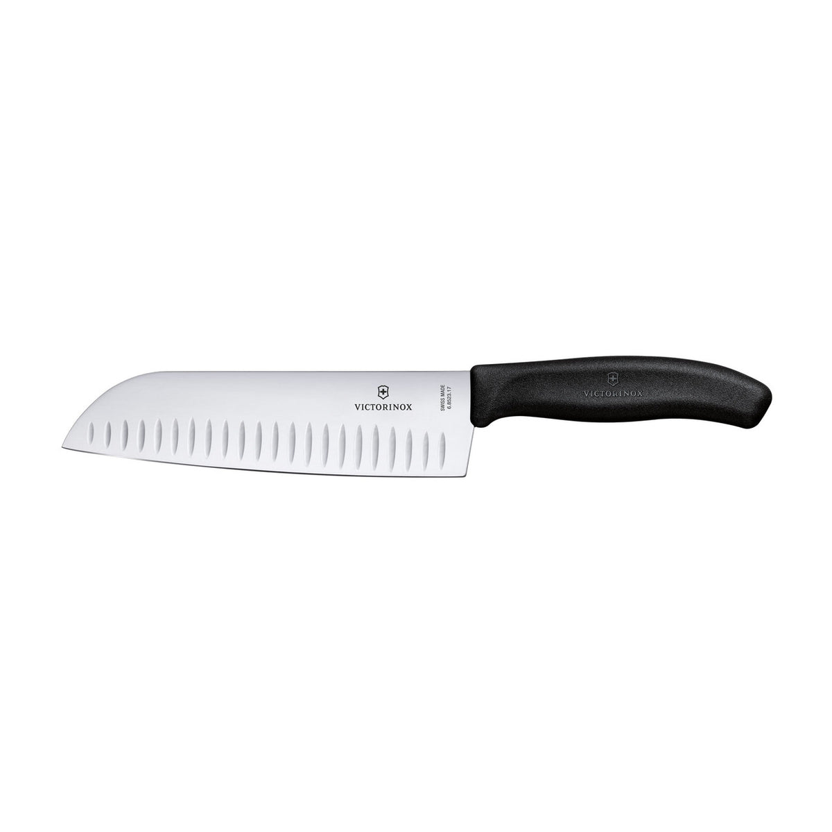 Black-handled 17cm santoku knife with fluted edge and stainless steel blade