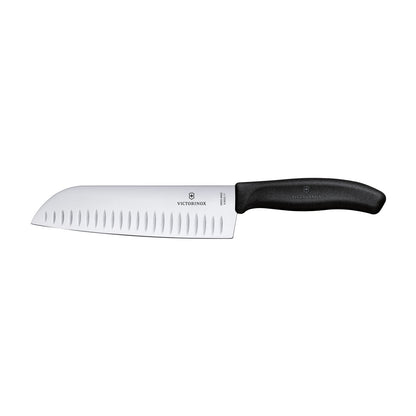 Black-handled 17cm santoku knife with fluted edge and stainless steel blade