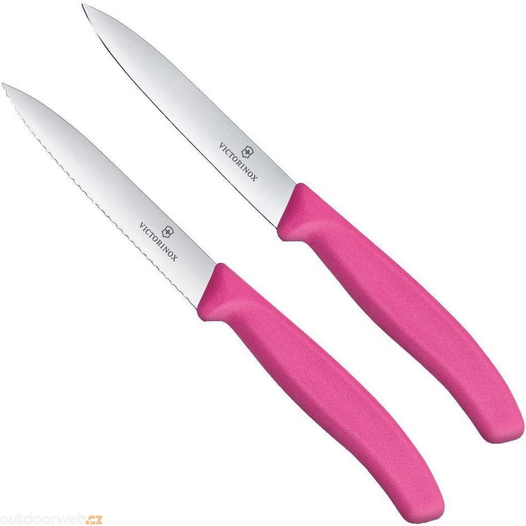 Pink-handled paring knife set: wavy and straight 10 cm blades, 2-pack