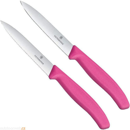 Pink-handled paring knife set: wavy and straight 10 cm blades, 2-pack