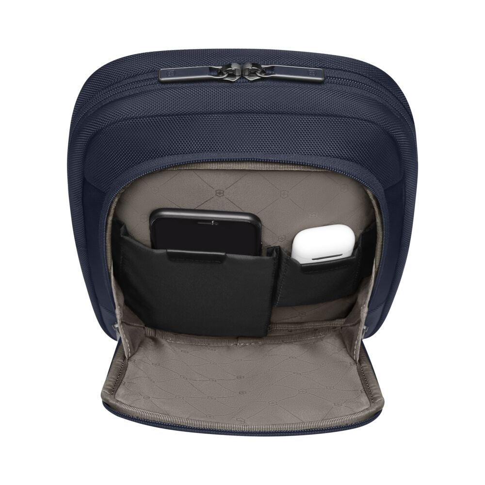 Blue crossbody bag open interior with phone sleeve and organizer pockets