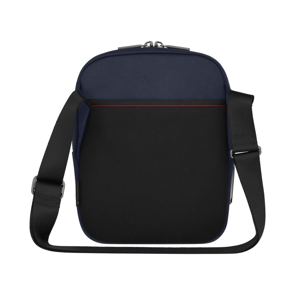 Blue crossbody bag back view with top handle, zipper panel, and black crossbody strap