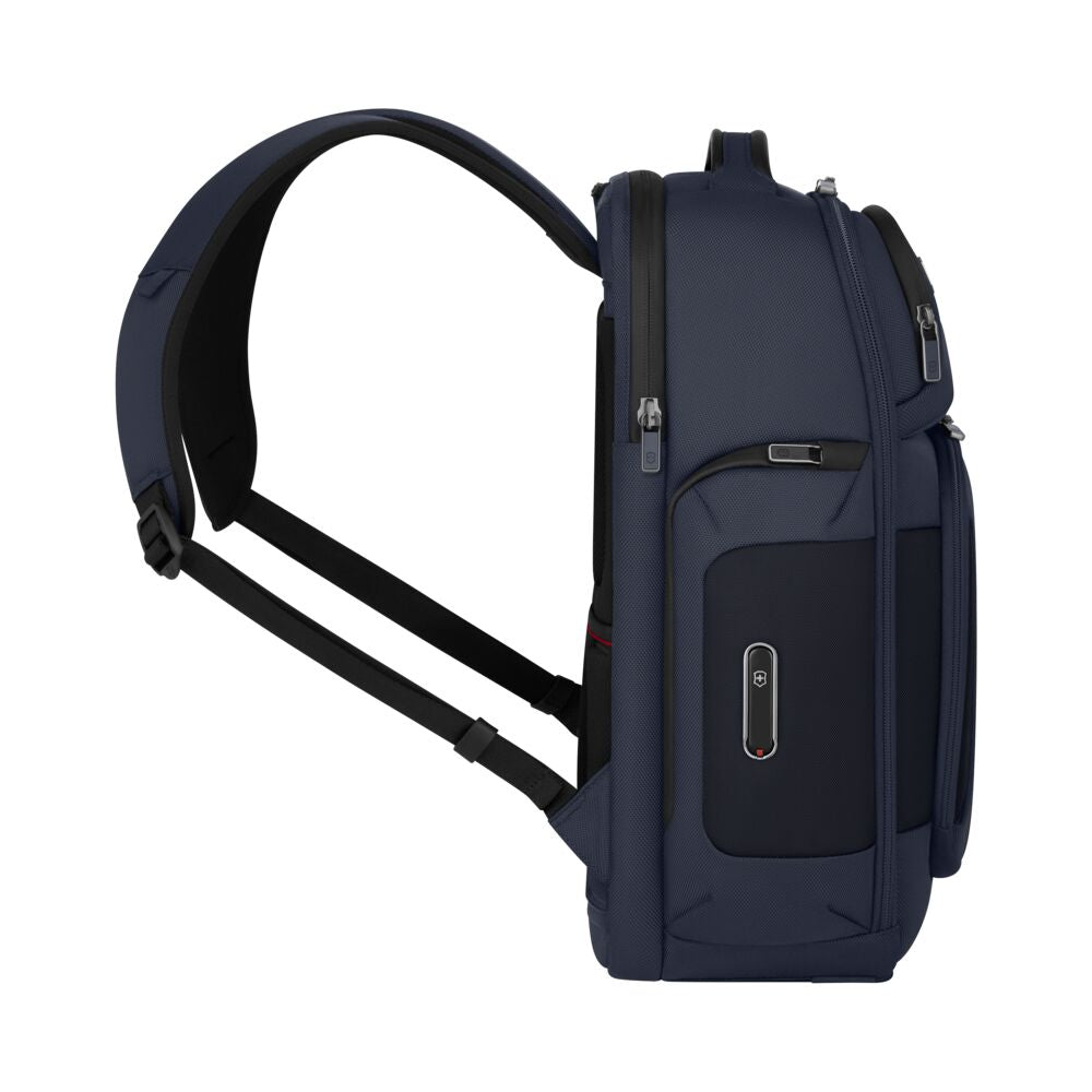 Navy blue backpack side view with utility panel and recessed zip pocket