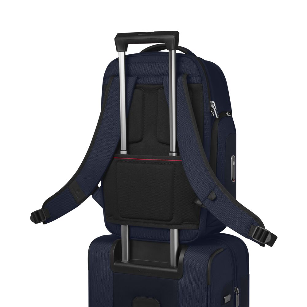 Navy blue backpack rear view with extendable handle sleeve and padded straps