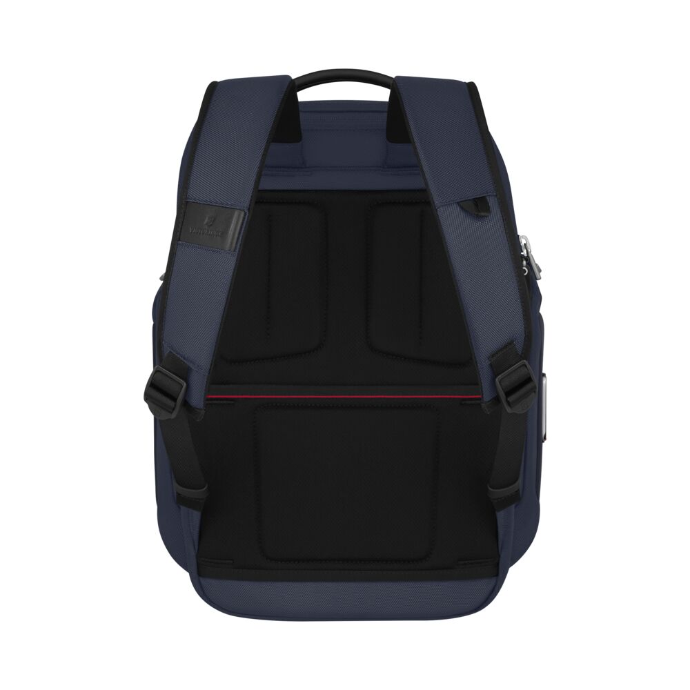 Blue backpack with padded back panel, front zip pocket, and adjustable shoulder straps