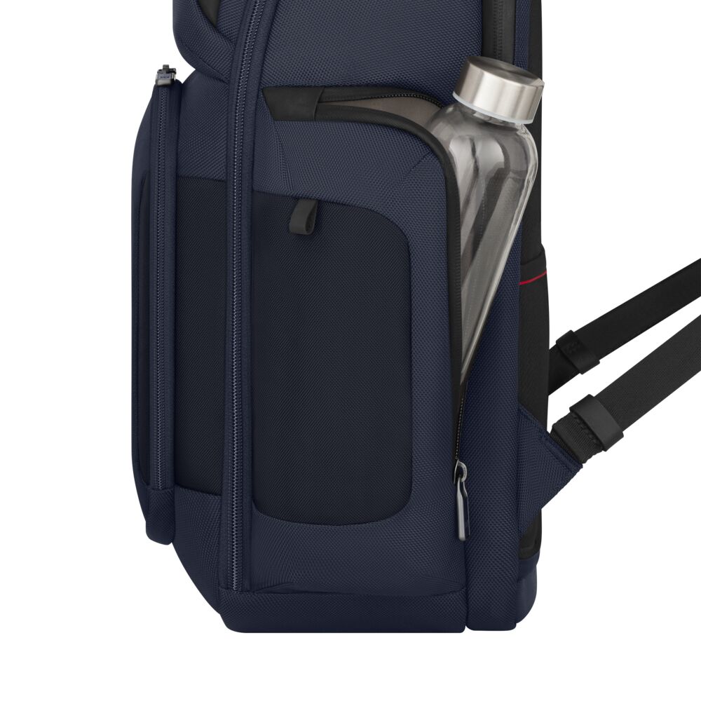 Blue backpack side view with front zip pocket and insulated bottle sleeve holding a bottle