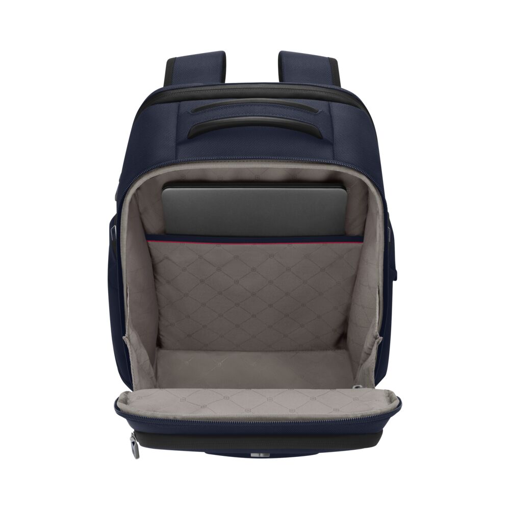 Blue backpack interior view with large padded compartment and top organizer pocket