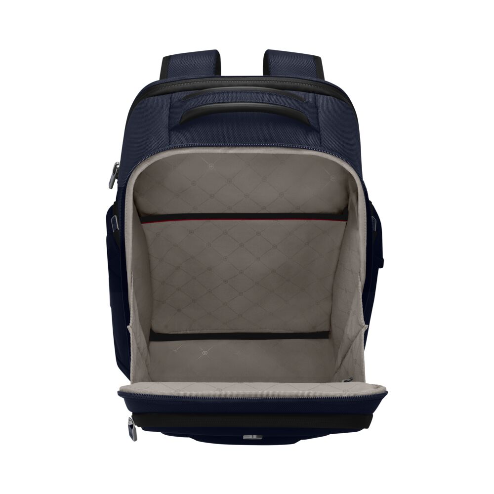 Blue backpack interior with padded main compartment and upper organizer panel