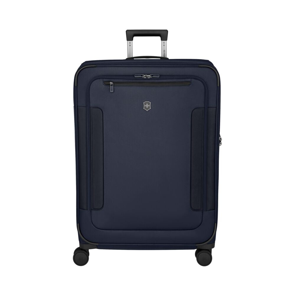 Blue rolling hard case suitcase with front panel and telescoping handle