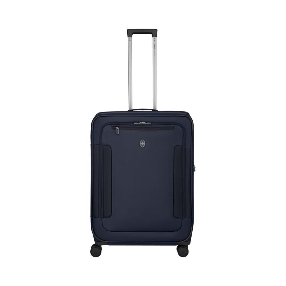 Blue rolling hard case suitcase with extended telescoping handle and wheels