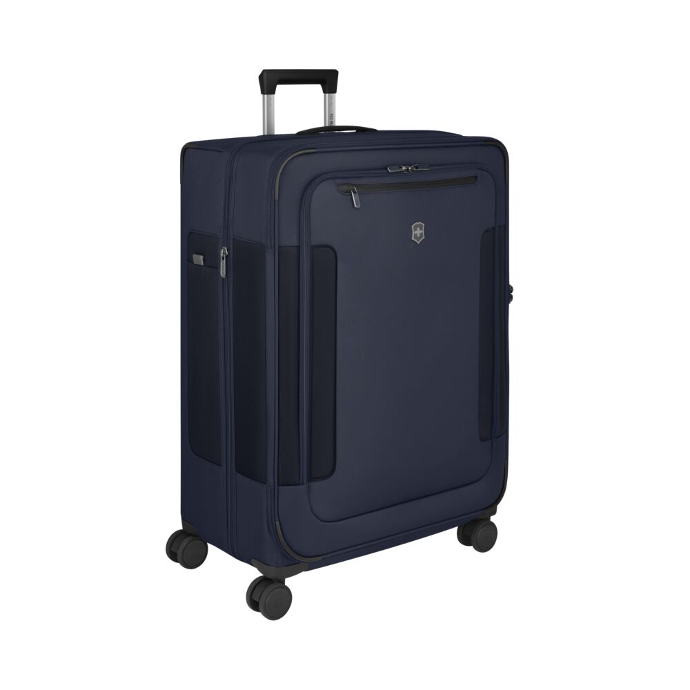 Blue rolling hard case suitcase with front side pocket and four caster wheels