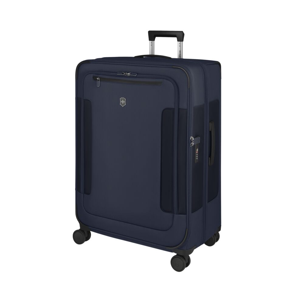 Blue rolling hard case suitcase with side zipper pocket and four wheels