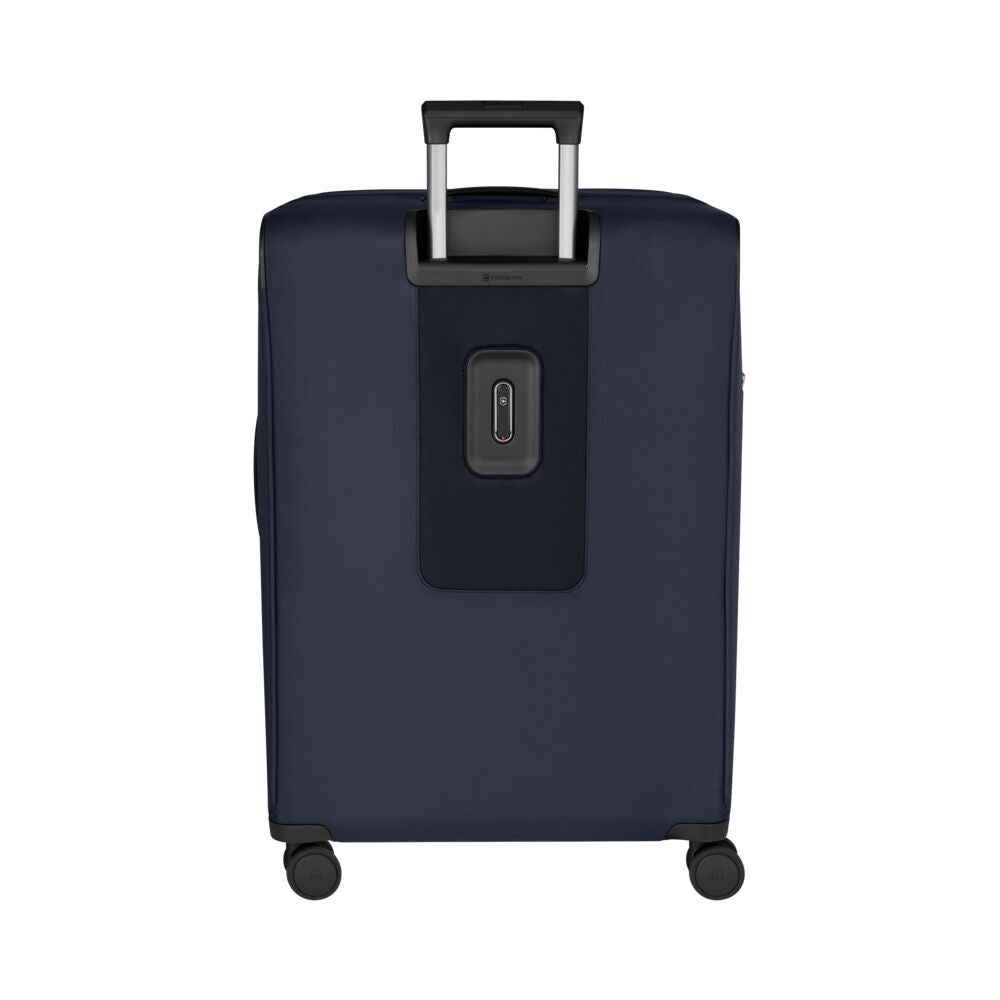 Blue rolling hard case suitcase back view with storage panel and wheels