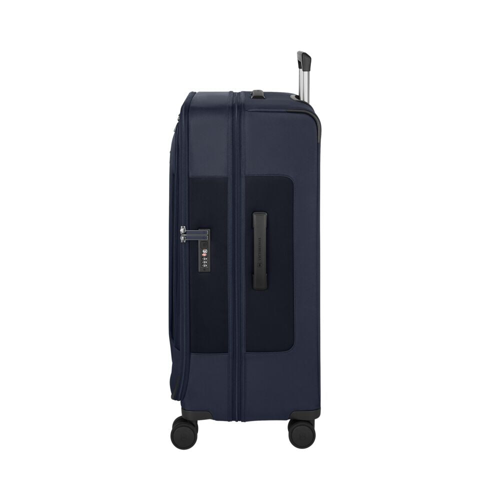 Large wheeled suitcase in dark blue with front pocket panel and top carry handle